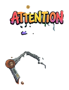 Attention Index mascot: rainbow ATTENTION lettering above a robotic arm holding an ape coin